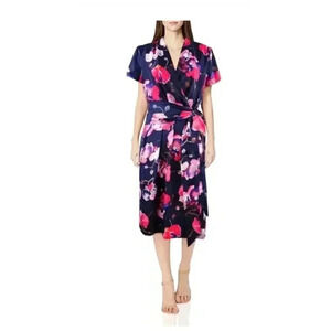 Ellen Tracy Blue Floral A Line Dress Lined Short Sleeve